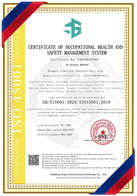Certificate of occupational health and safety management system, ISO 45001
