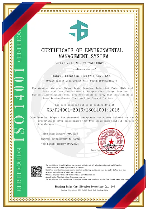 Certificate of environmental management system, ISO 14001