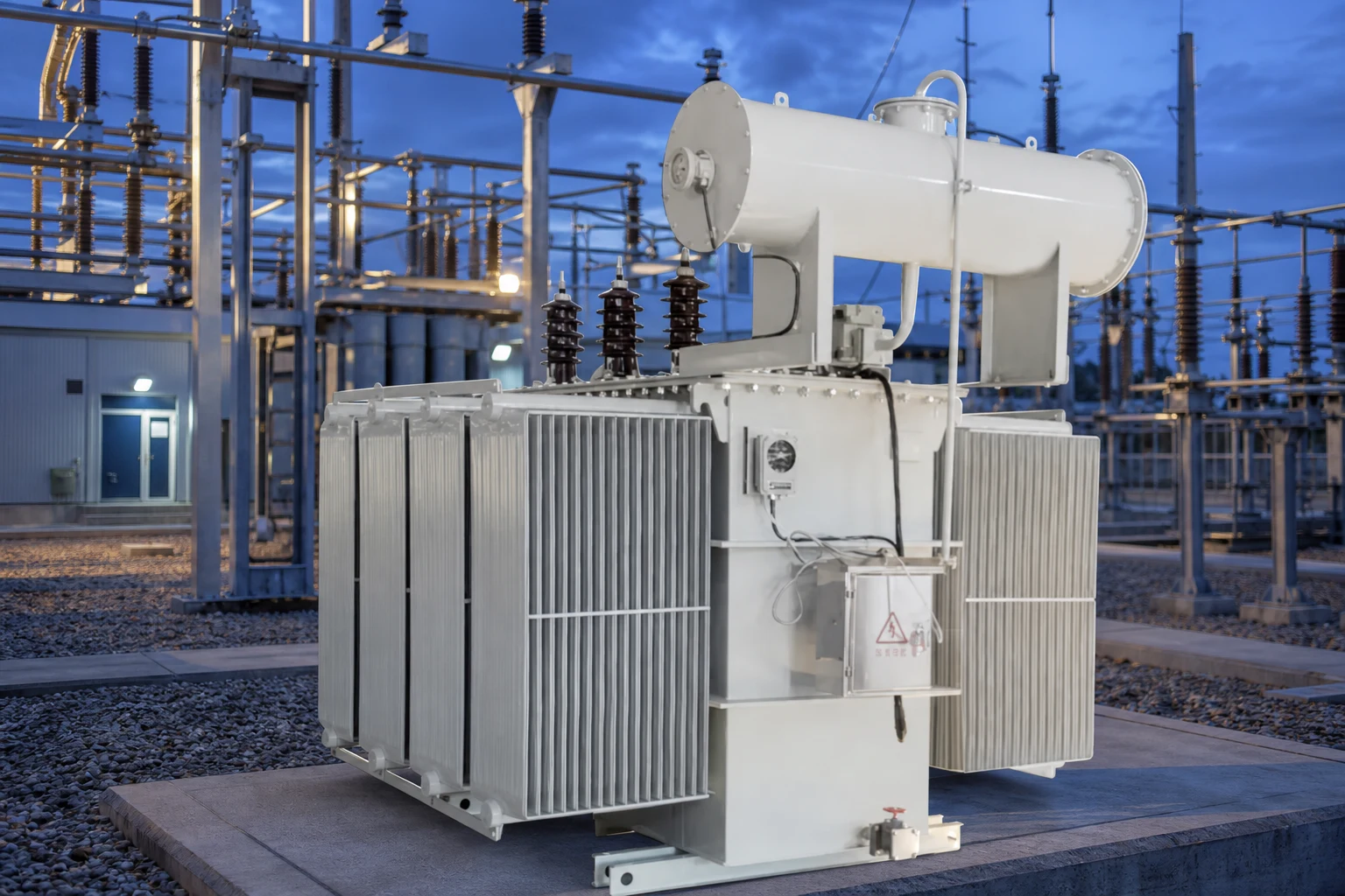 100KVA oil immersed power transformer — LBAJI official product with illustrative industrial background (not a real site photo)