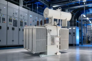 100KVA oil immersed power transformer — LBAJI official product with illustrative background (not a real site photo)