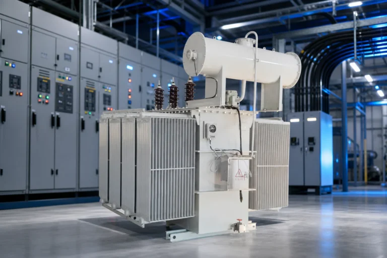 100KVA oil immersed power transformer — LBAJI official product with illustrative background (not a real site photo)
