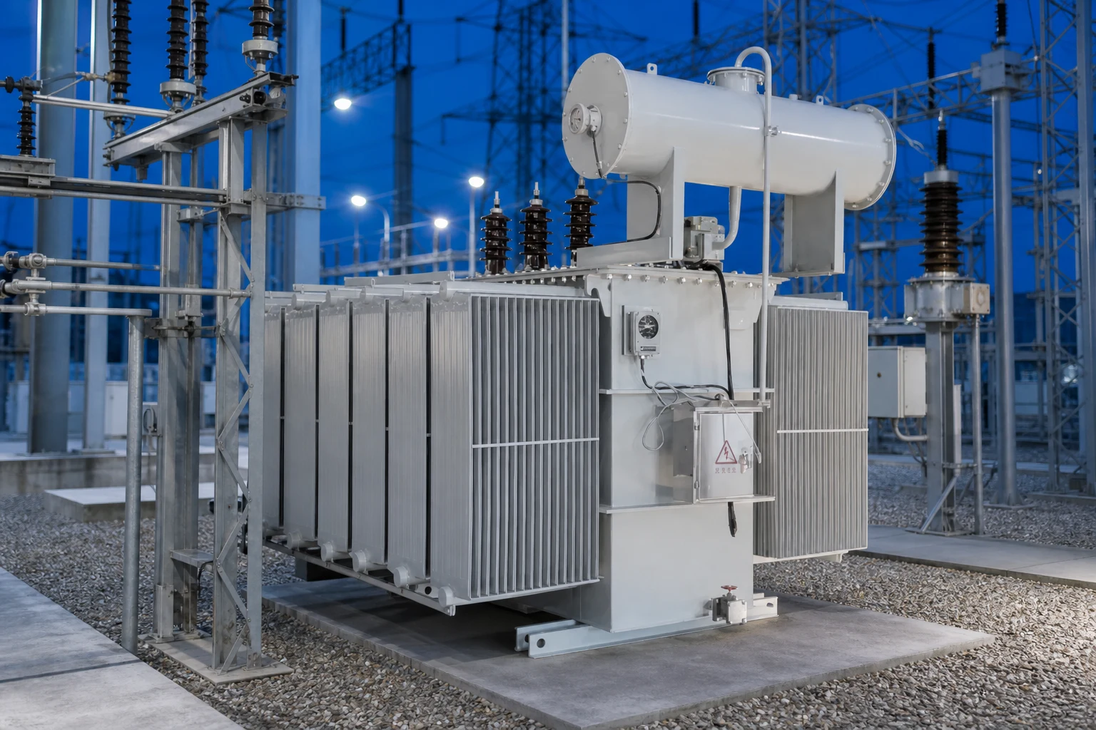 125KVA oil immersed power transformer — LBAJI official product with illustrative industrial background (not a real site photo)