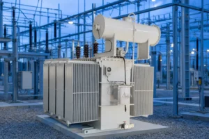160KVA oil immersed distribution transformer — LBAJI official product with illustrative industrial background (not a real site photo)