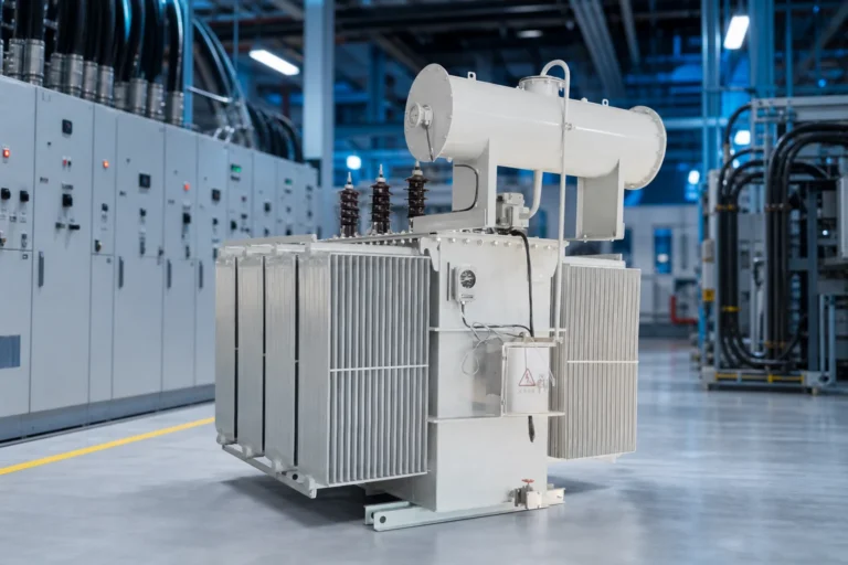 160KVA oil immersed power transformer — LBAJI official product with illustrative background (not a real site photo)