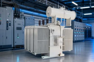 250KVA oil immersed power transformer — LBAJI official product with illustrative industrial background (not a real site photo)