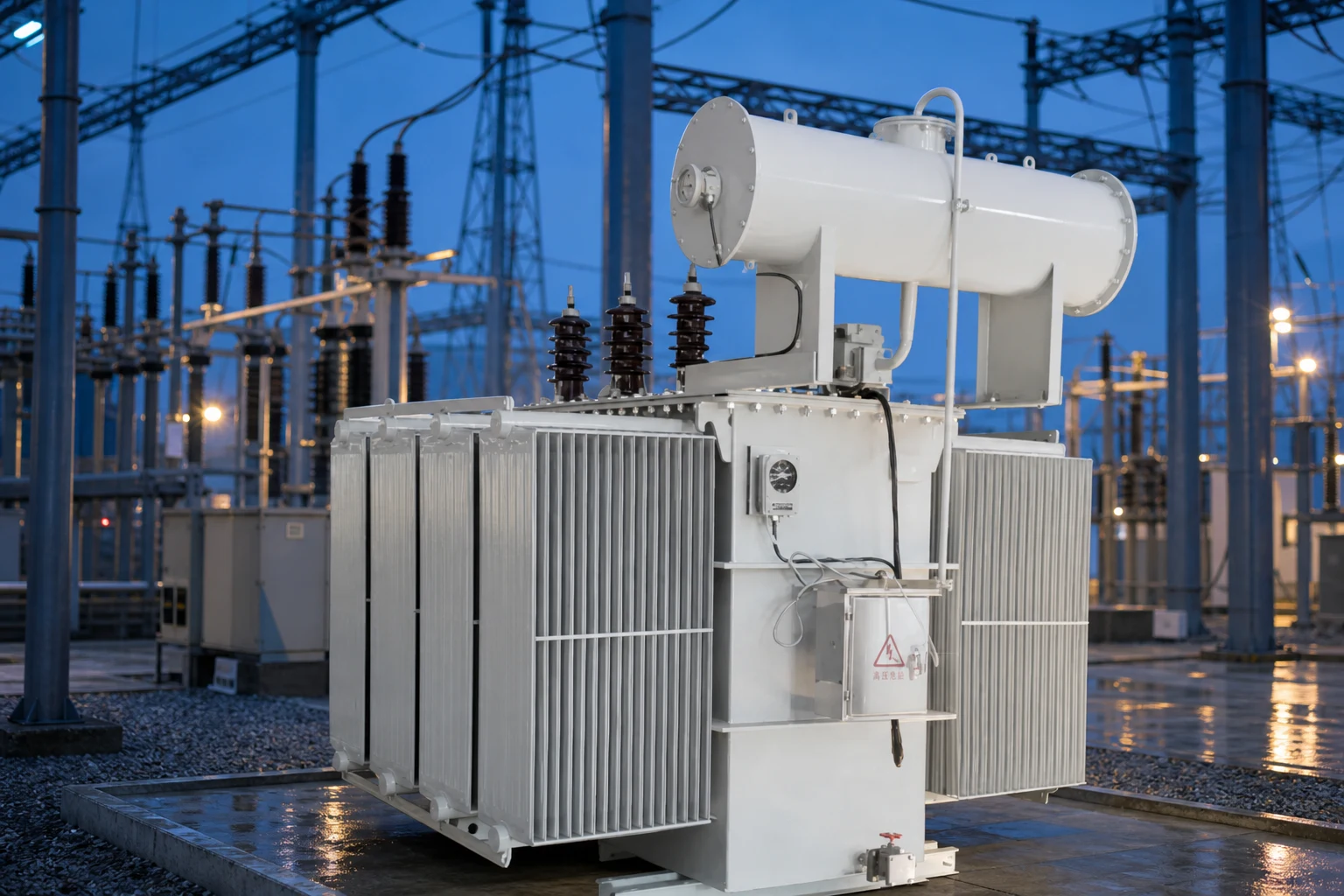 400KVA oil immersed power transformer — LBAJI official product with illustrative industrial background (not a real site photo)