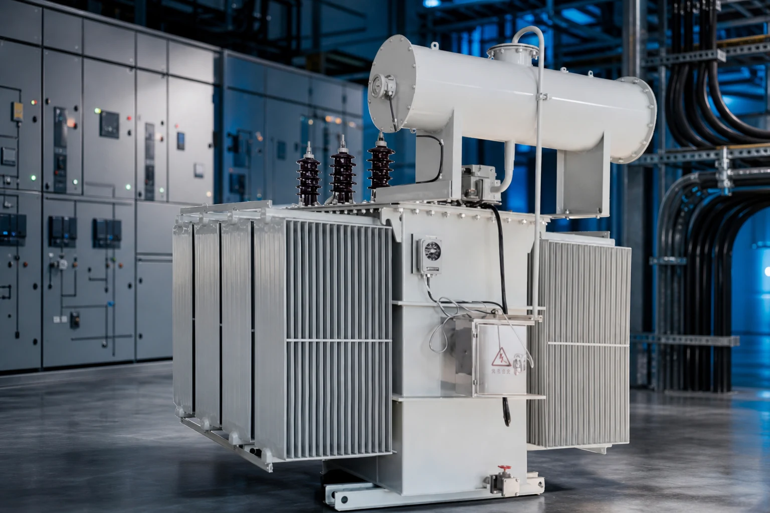 400KVA oil immersed power transformer — LBAJI official product with illustrative background (not a real site photo)