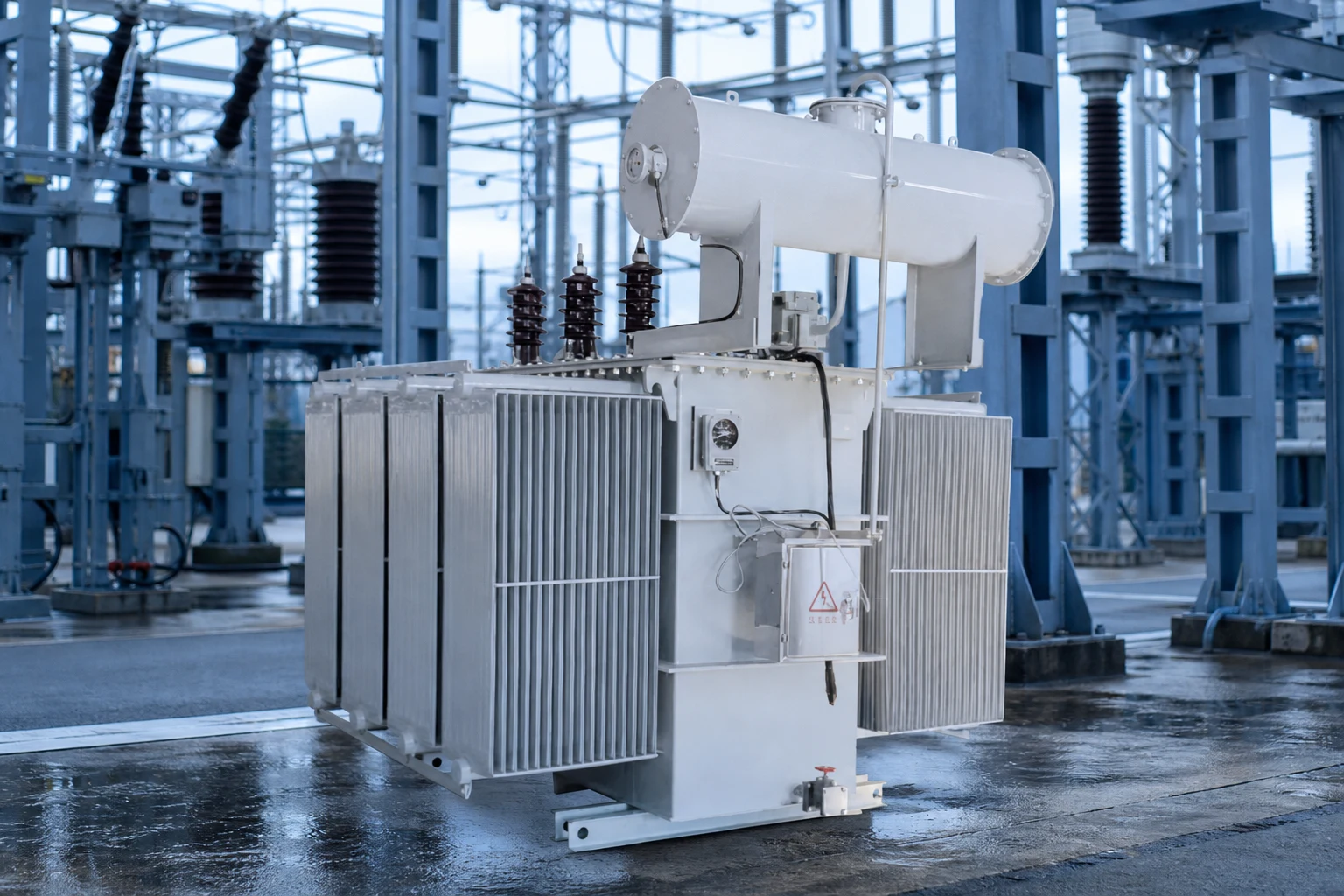 50KVA oil immersed power transformer — LBAJI official product with illustrative industrial background (not a real site photo)