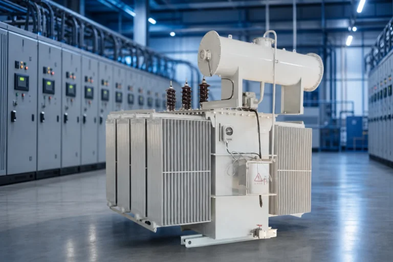 50KVA oil immersed power transformer — LBAJI official product with illustrative background (not a real site photo)