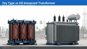 Illustration comparing dry-type and oil-immersed transformers for hot humid dusty environments