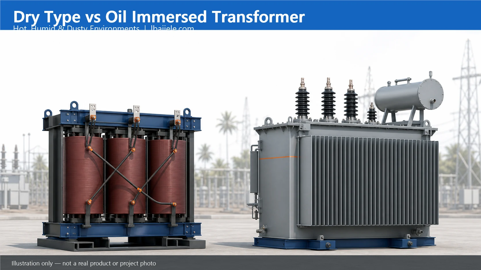 Illustration comparing dry-type and oil-immersed transformers for hot humid dusty environments