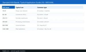 Transformer kVA capacity bands 10 to 1600 typical applications chart