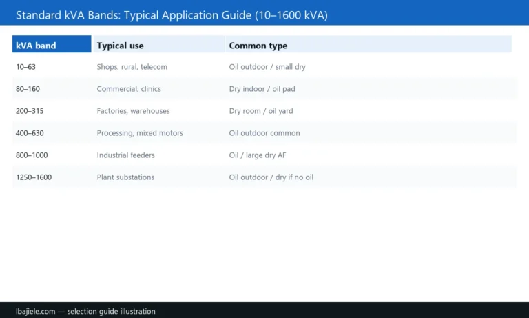 Transformer kVA capacity bands 10 to 1600 typical applications chart