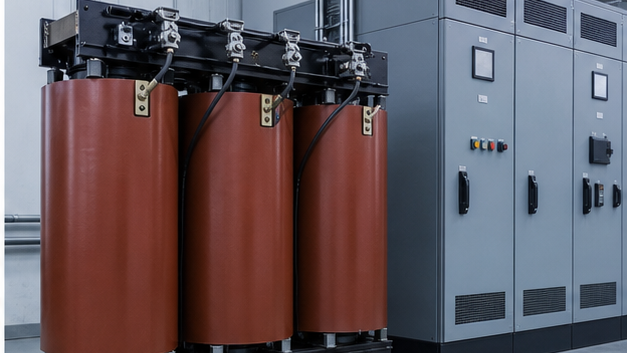 Dry-type three-phase step-up transformer beside industrial motor control equipment