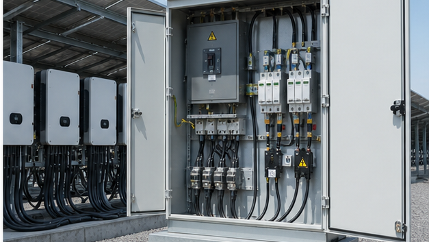 AC combiner cabinet connecting multiple solar inverters at a photovoltaic plant