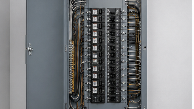 Wall-mounted circuit breaker panelboard with branch breakers and organized conductors