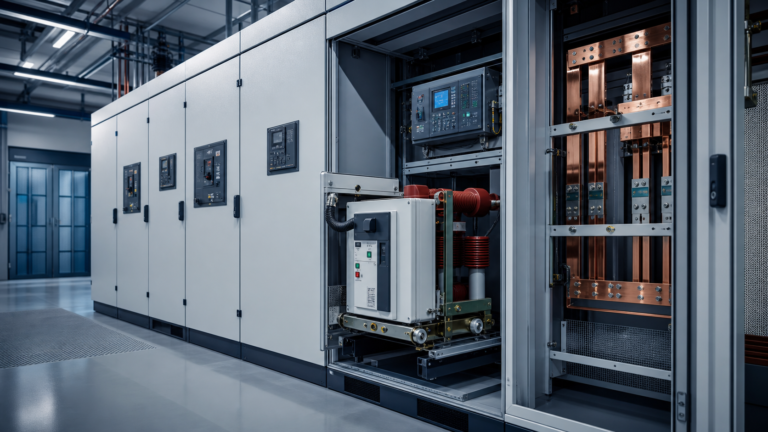 Medium-voltage switchgear with vacuum circuit breaker, protection relay and copper busbars
