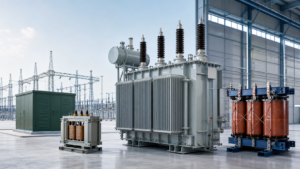Oil-immersed, dry-type and distribution transformers in a modern electrical equipment facility