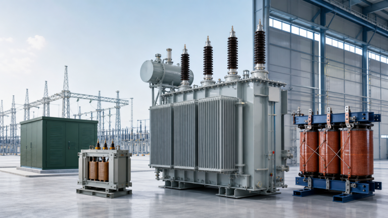 Oil-immersed, dry-type and distribution transformers in a modern electrical equipment facility