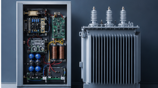 Electronic DC boost converter cabinet displayed beside a conventional AC transformer