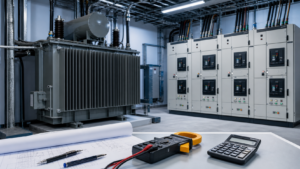 Power transformer and switchboard with electrical measuring instruments and calculator