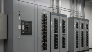Main electrical distribution panel and branch panelboards in an industrial electrical room
