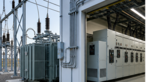 Utility substation transformer feeding indoor electrical distribution switchgear
