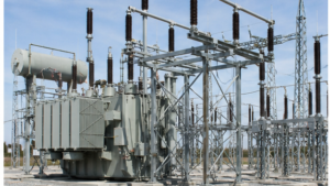 Electrical substation with power transformer busbars circuit breakers and disconnectors