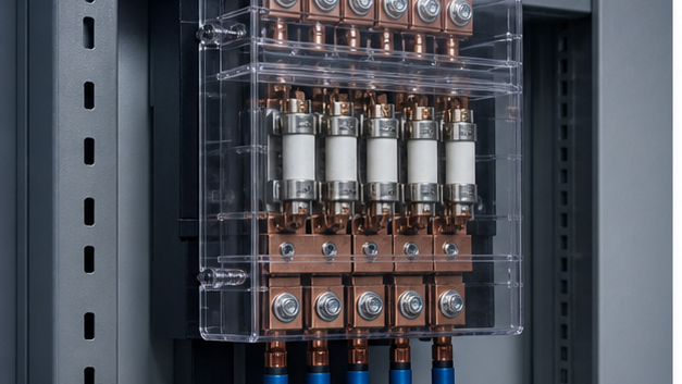 Fused power distribution block inside a cabinet