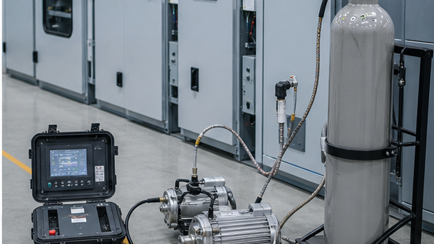 Gas density, leak-check and recovery equipment beside sealed switchgear