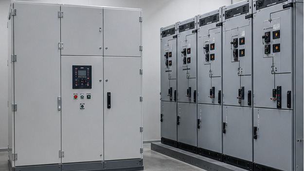 Compact gas-insulated switchgear beside larger air-insulated switchgear in a substation room