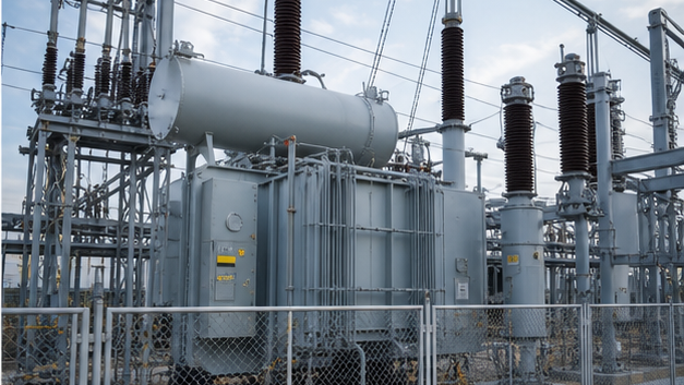 Power transformer, circuit breakers and insulated equipment inside a fenced substation