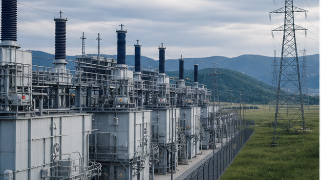High-voltage direct-current converter station connected to transmission infrastructure