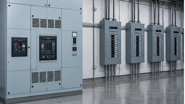 Main low-voltage switchboard feeding several branch distribution panels