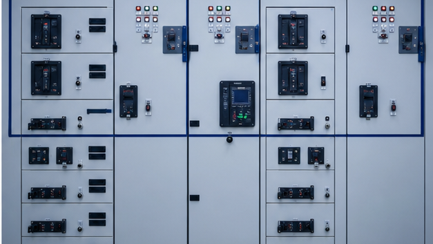 Low-voltage switchboard with main breakers and generator paralleling controls
