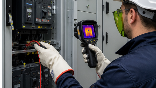 Qualified engineer inspecting low voltage switchboard with thermal imaging equipment