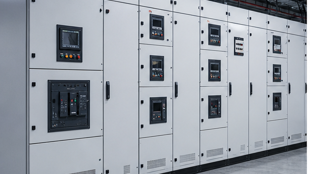 Modern low-voltage switchgear lineup with main, tie and feeder sections