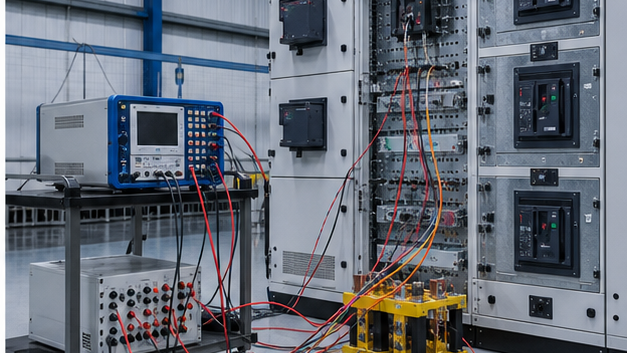 Electrical test equipment connected to a low-voltage switchboard during factory testing