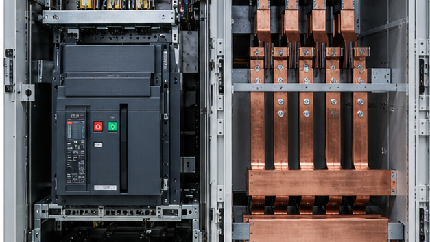 Main air circuit breaker and copper busbars inside low-voltage switchgear