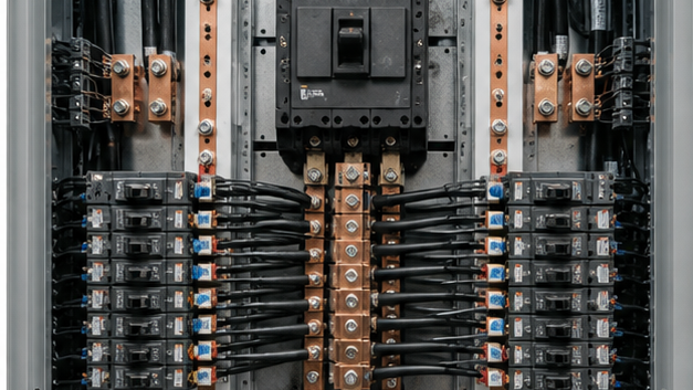 Main breaker, busbars and outgoing feeders inside a distribution board