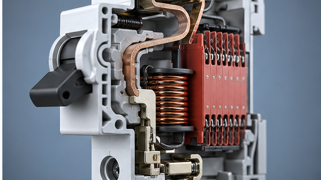 Cutaway miniature circuit breaker showing thermal, magnetic, contact and arc-chute parts