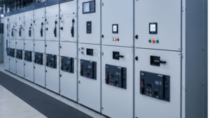 Complete medium-voltage metal-clad switchgear lineup in an industrial substation room