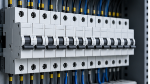DIN-rail miniature circuit breakers installed in an industrial distribution panel