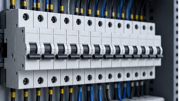 DIN-rail miniature circuit breakers installed in an industrial distribution panel