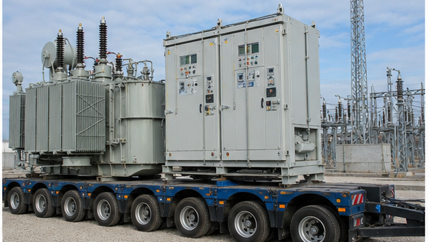 Mobile substation transformer and modular switchgear mounted on transport trailer