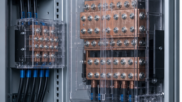 Industrial copper power distribution blocks with protective covers inside an electrical panel