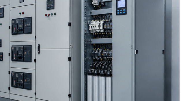 Power-factor correction equipment beside a switchboard