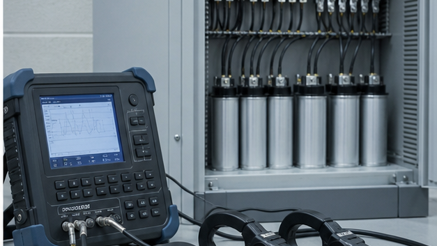 Engineer measuring power factor and harmonics with a power quality analyzer
