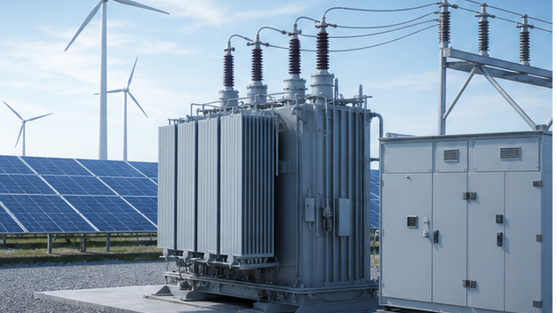 Power transformer connecting wind and solar generation switchgear to a high-voltage grid