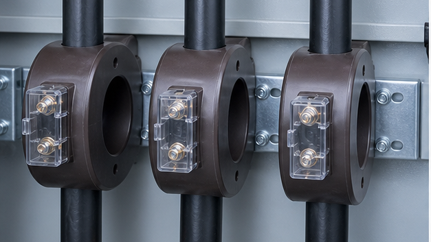Three ring current transformers installed around switchgear power cables